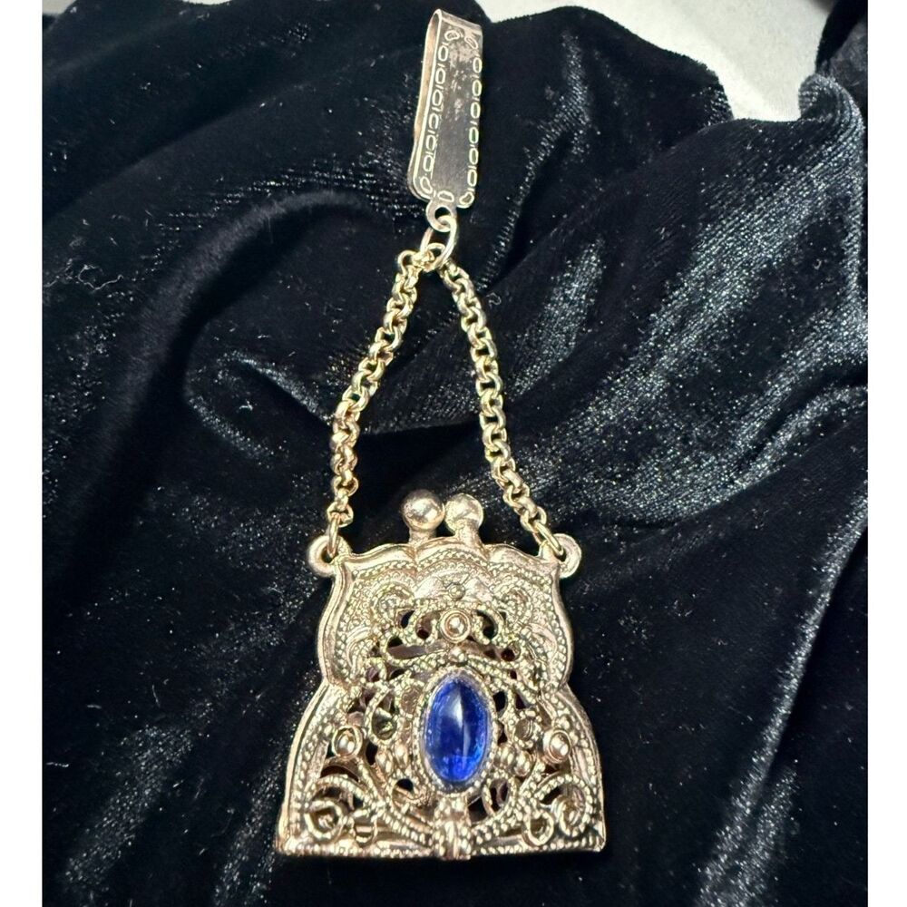 Vintage Victorian Ornate Filigree Chatelaine Purse Clip with Sapphire Cabochon